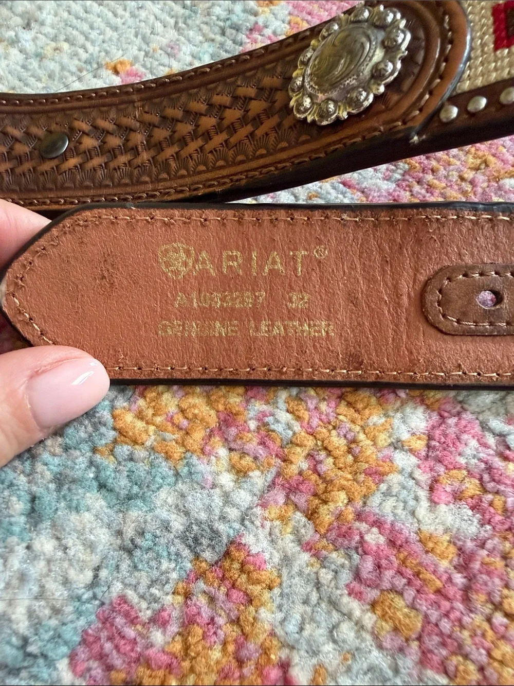 Ariat Brown Leather Belt with Turquoise & Red Embroidery